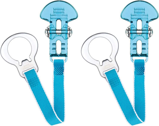 Dummy Clip | 2 Pack | Baby Soother Clips Fit All  Soothers | Adjustable Length and Lightweight Design | Baby Accessories | White with Blue Strap | Dummies Not Included